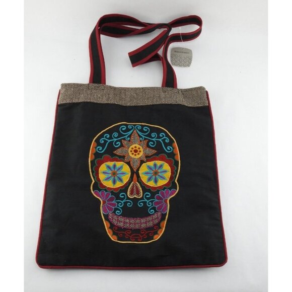 World Mark Sugar Skull Tote Bag Black Embroidered Day of Dead Boho Festival Fabr - Picture 1 of 8